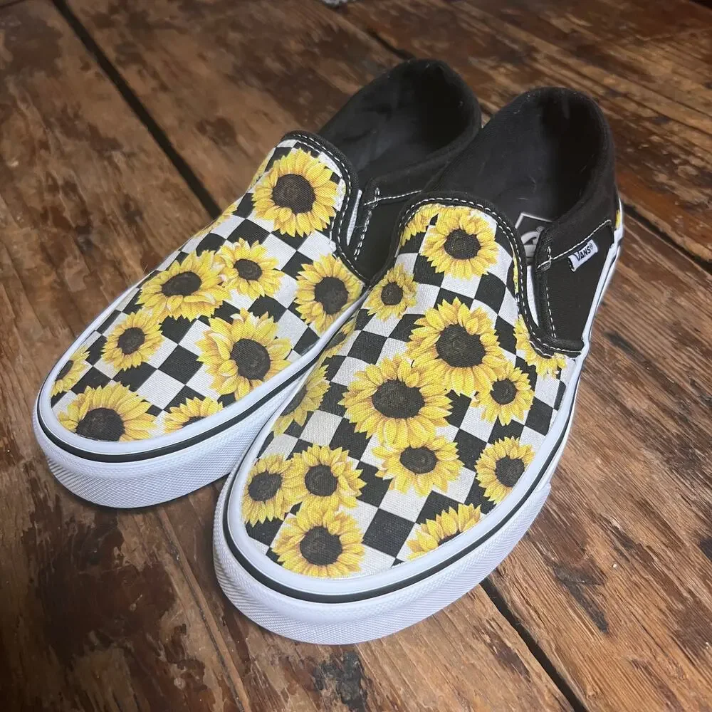 Vans Asher Classic Sunflower Checkerboard Canvas Floral Sneaker Shoes Size 7 1/2